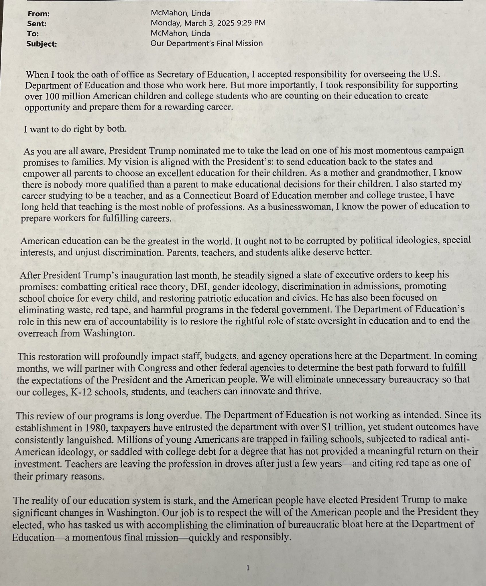 Breaking: Email from McMahon to Dept of Ed. Declares “One Final Mission”
